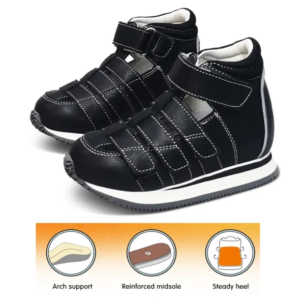 Ortoluckland Children Girls Sandals Summer Kids Black School Orthopedic Shoes 2025 Genuine Leather Footwear With Arch Insole