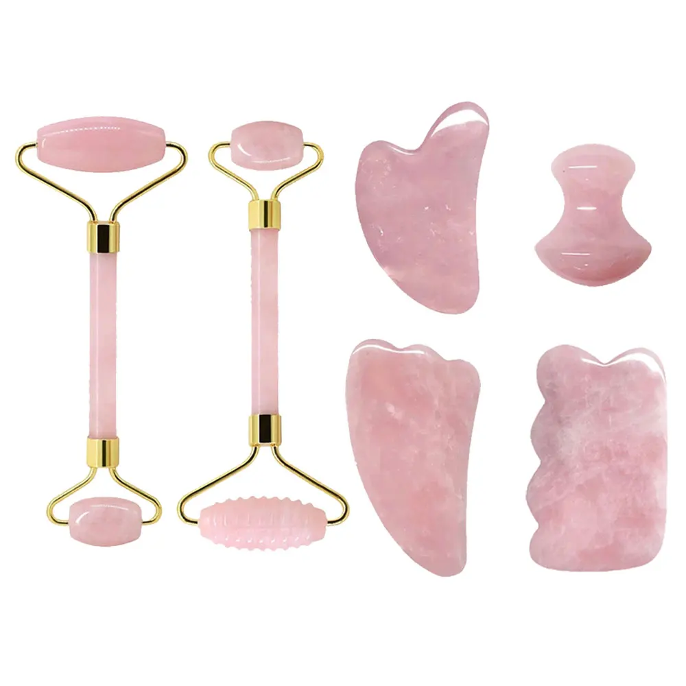 Rose Quartz Face Jade Roller Massagers Guasha Set Gua Sha Tools Natural Stone Gouache Scraper For Facial Massage Beauty Tool Rose Quartz Face Jade Roller Massagers Guasha Set Gua Sha Tools Natural Stone Gouache Scraper For Facial Massage Beauty Tool