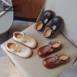 Children Mary Janes British Style T-strap Three Colors Vintage 21-30 Little Girl’s Leather Shoes All-mtach School Kids Flats