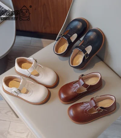 Children Mary Janes British Style T-strap Three Colors Vintage 21-30 Little Girl's Leather Shoes All-mtach School Kids Flats 1