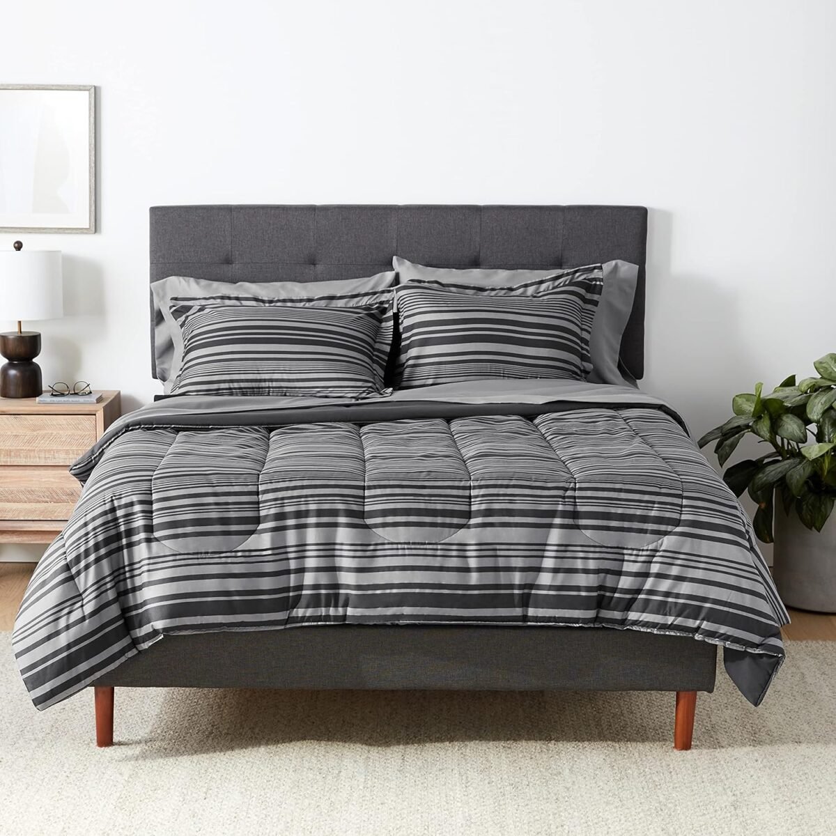 Amazon Basics Full/Queen Comforter Set with Sheets, 7-Piece Gray Calvin Stripe Bedding, Lightweight Microfiber Bed-in-a-Bag, Striped - Image 2