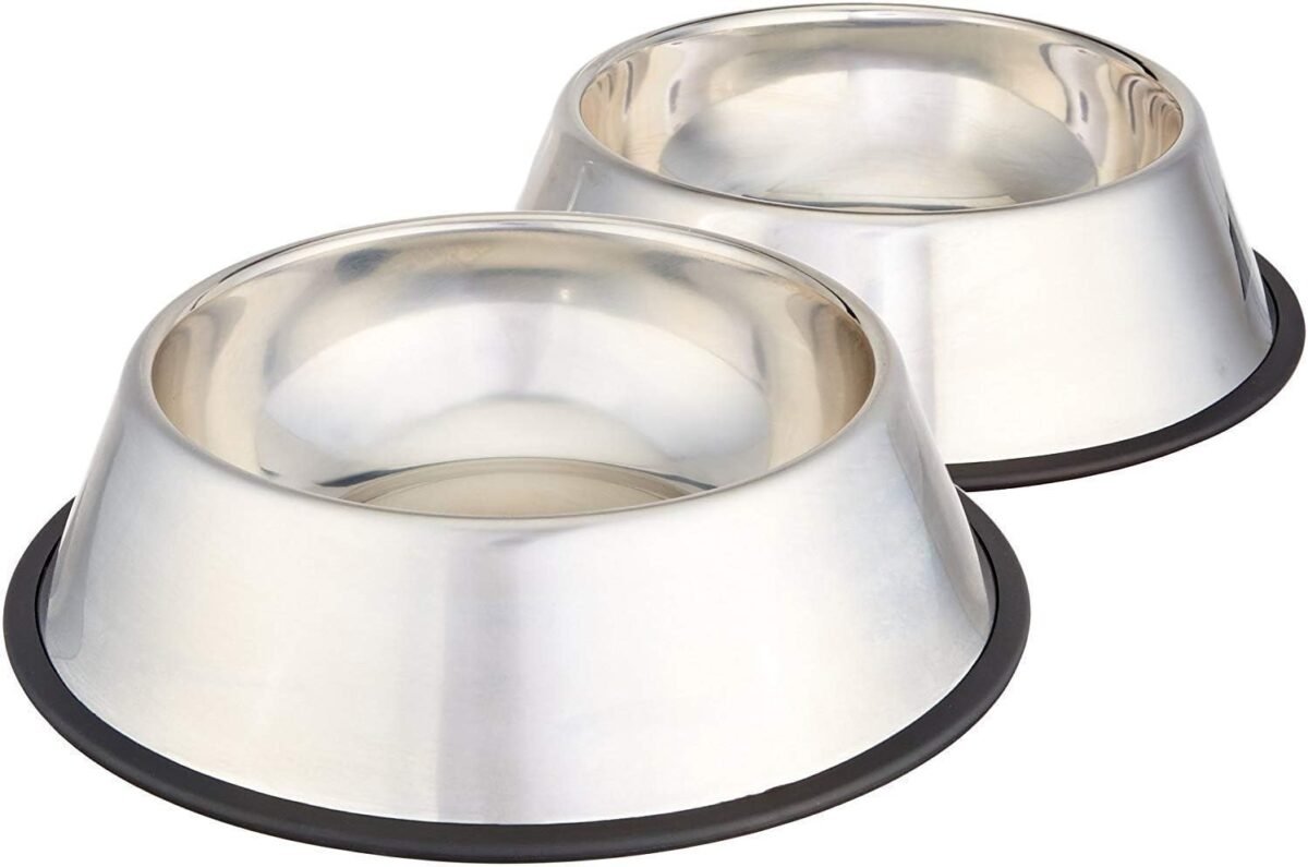 Amazon basics stainless steel non skid pet dog water and food bowl 2 pack 10 x 2.8 inches each holds up to 4 cups.jpg