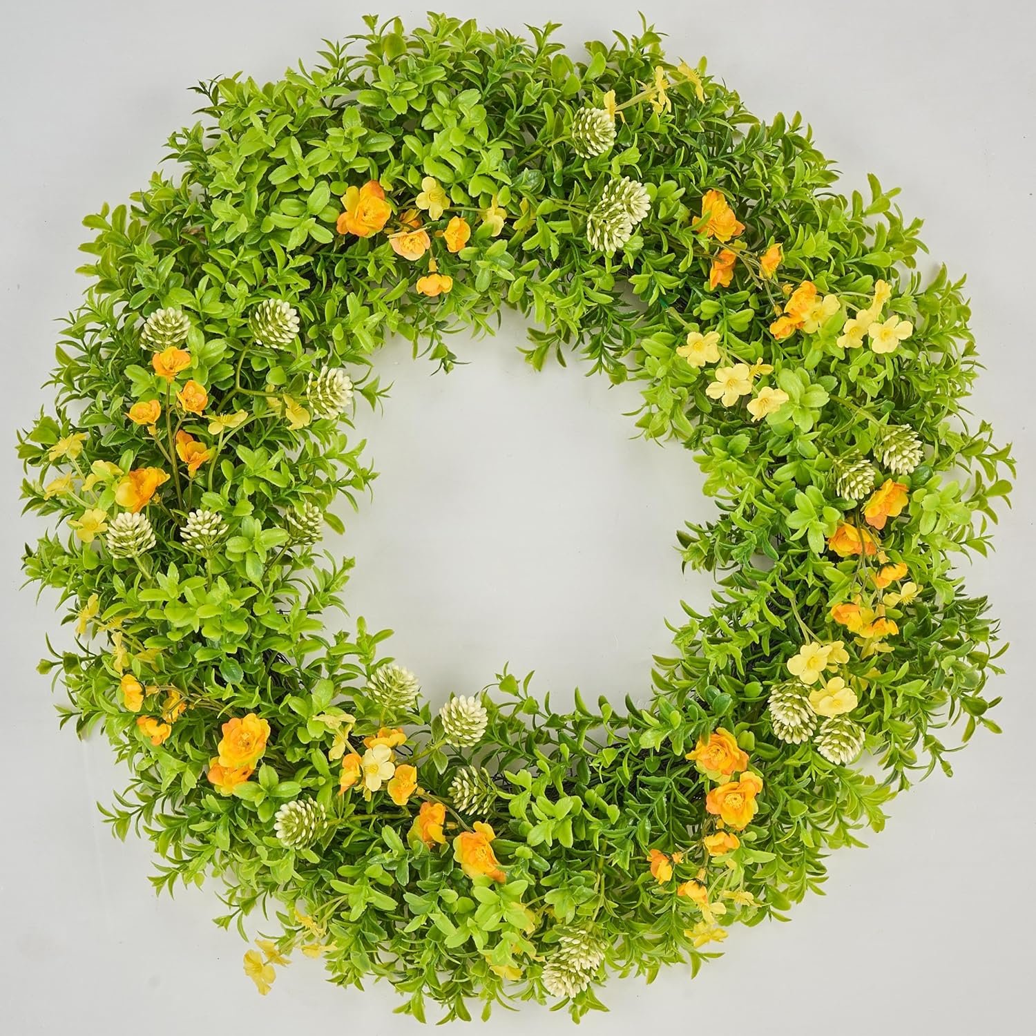 Avoceo Artificial Boxwood Wreath for Front Door - Year-Round Greenery, 21" Summer & Fall Decorative Wreath for Door Decor, Perfect for Farmhouse, Weddings, & Seasonal Décor (C Wildflower) - Image 2