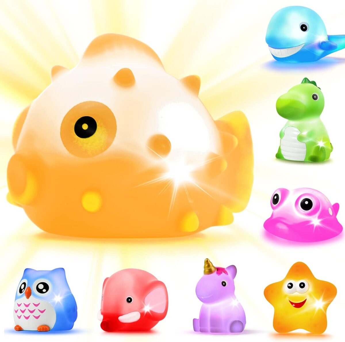 Bath Toys, 8 Pcs Light Up Floating Rubber Animal Toys Set, Flashing Color Changing Light in Water, Baby Infants Kids Toddler Child Preschool Bathtub Bathroom Shower Games Swimming Pool Party - Image 2