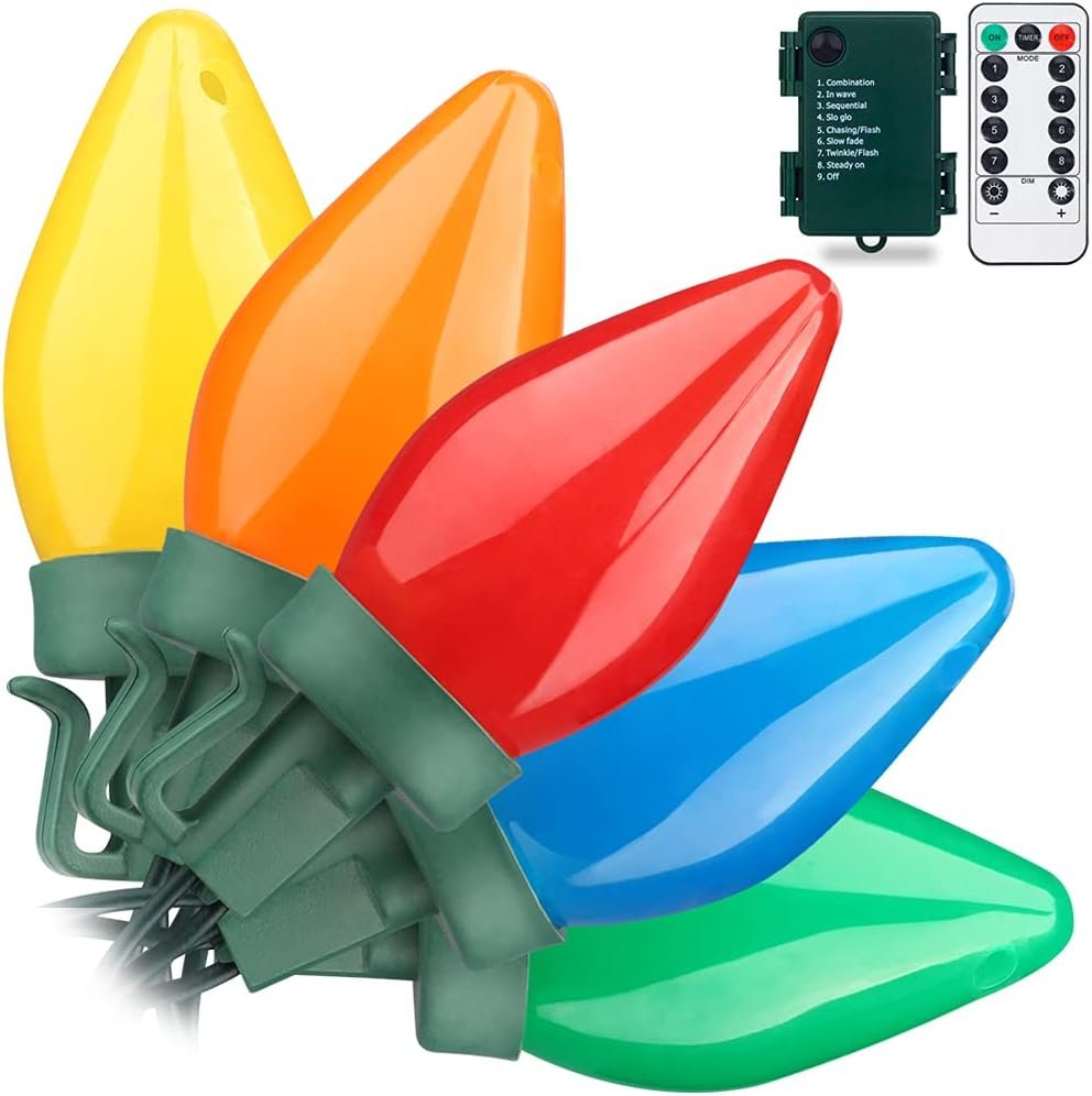 C7 Bulbs Christmas String Lights with Remote - 50 LED 26ft Battery String Lights - Fairy Christmas Lighting for Outdoor Yard Wreath House Party Xmas Tree Christmas Decorations - Multi Color - Image 2