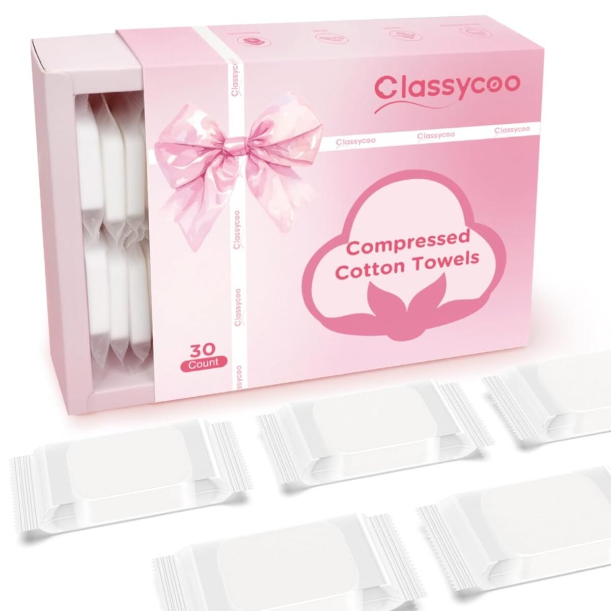 Classycoo Compressed Cotton Towel Tablets- 100% USA Organic-Disposable Face Towel, Gift Box Mini Soft Coin Compact Portable Tissue for Travel,Camping Hiking, Sport, Home Facial Hand Makeup Wipes Pink - Image 2