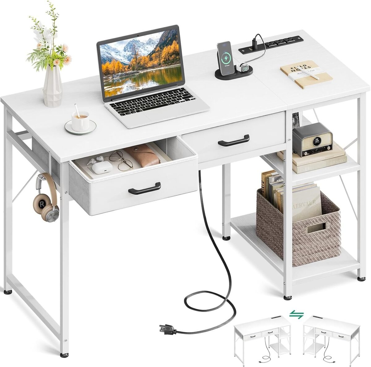 Coleshome laptop desk 40 inch small computer desk with drawers power outlet for bedroom home office with storage shelves reversible study table vanity for small spaces white.jpg
