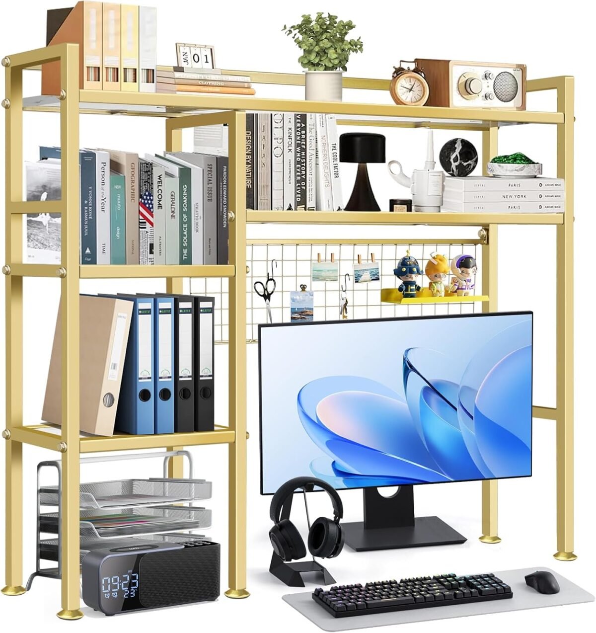 Desk shelf，37.5 desk shelves and desk organizer shelf，4 tier riser storage rack，modern desk hutch for home office dorm，iron and wood gold.jpg