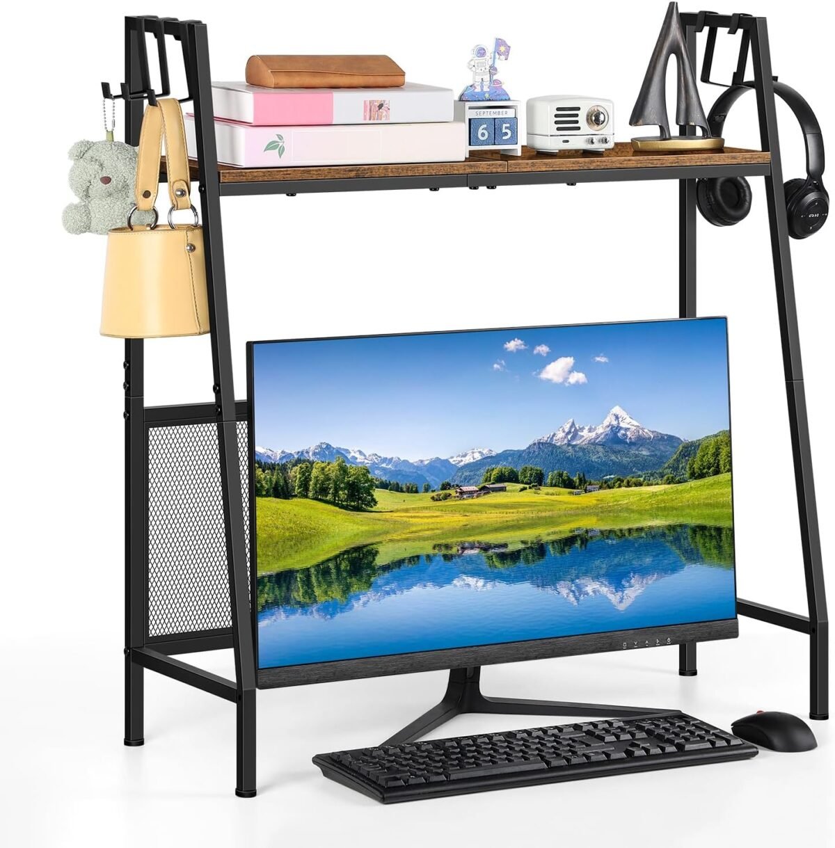 Desktop shelf organizer 2 tier desk shelf for top of desk small desktop monitor stand riser with 5 hooks for home office dorm kitchen rustic brown.jpg
