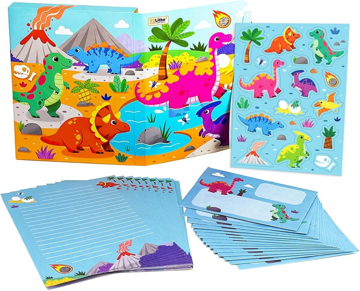 Dinosaur Design Writing Kit stationary set Paper And Envelopes Set For Kids, Girls And Boys Stationery Paper,30 Sheets Writing Paper and 20 Blue Envelopes Set for Boys,8.3 x 5.9 - Image 2