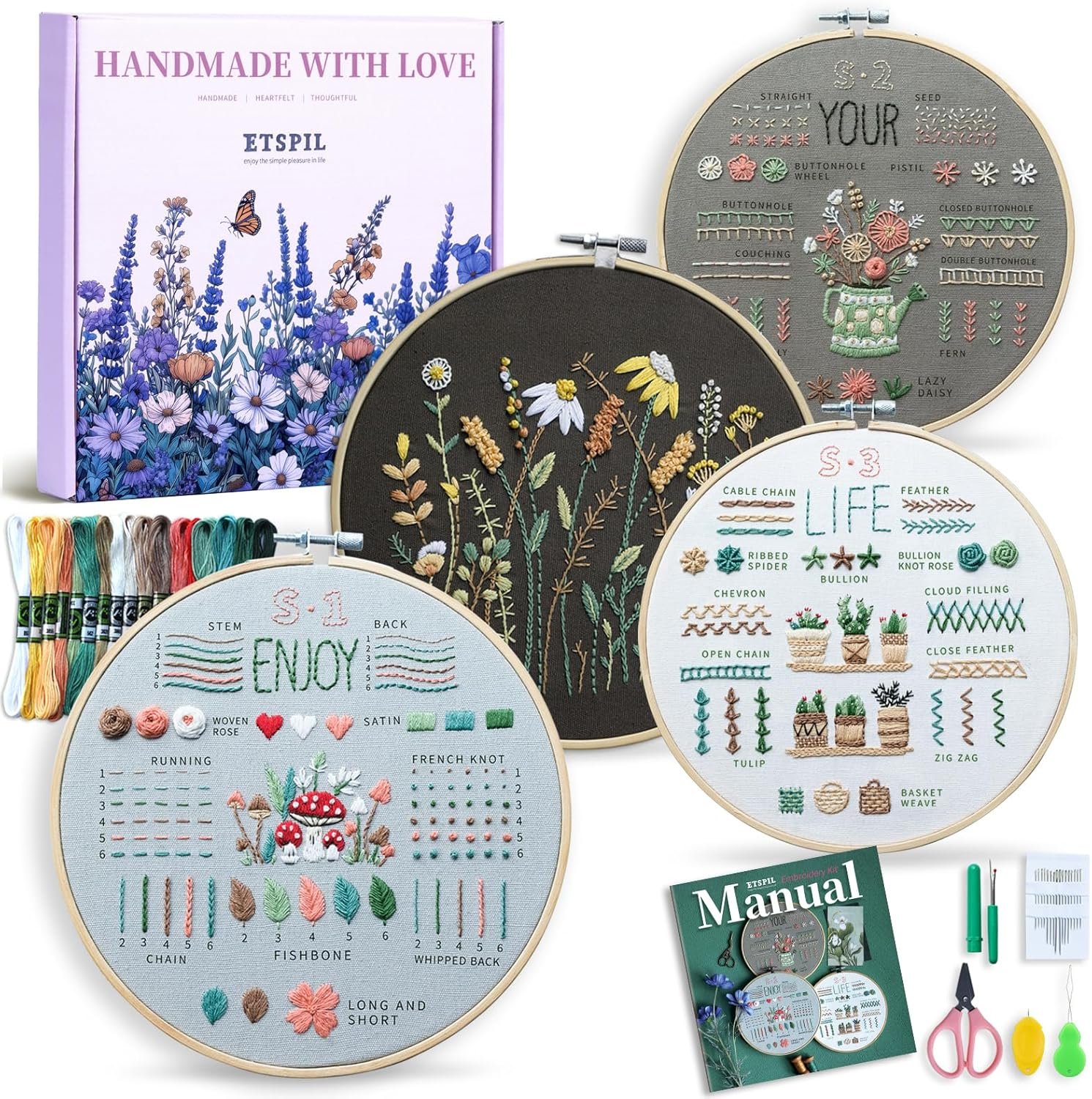 ETSPIL Embroidery Kit for Beginners, 4 Floral Patterns, Learn 33 Stitches, Pre-Printed Fabric, 7.8-Inch Hoop, Colored Threads and Needles, Easy Video Guide, DIY Hand Sewing Gift for Adults and Teens - Image 2
