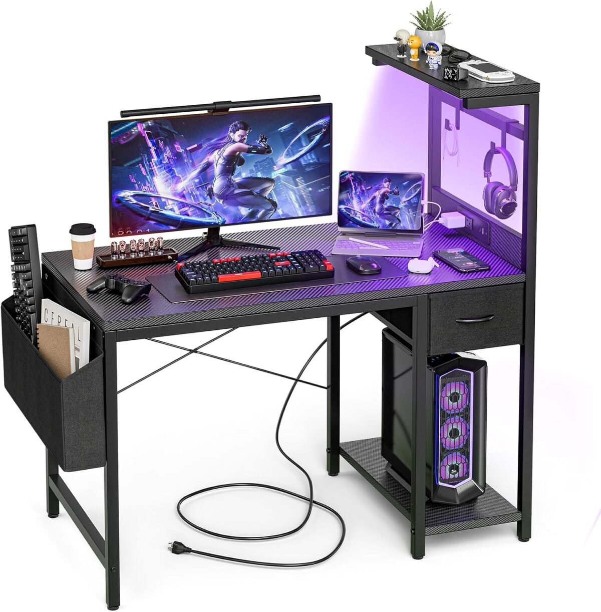 Gaming desk 47 inch with power outlet and led light computer desk with reversible shelves and storage drawer pc small desk for home office table with bag carbon fiber black.jpg