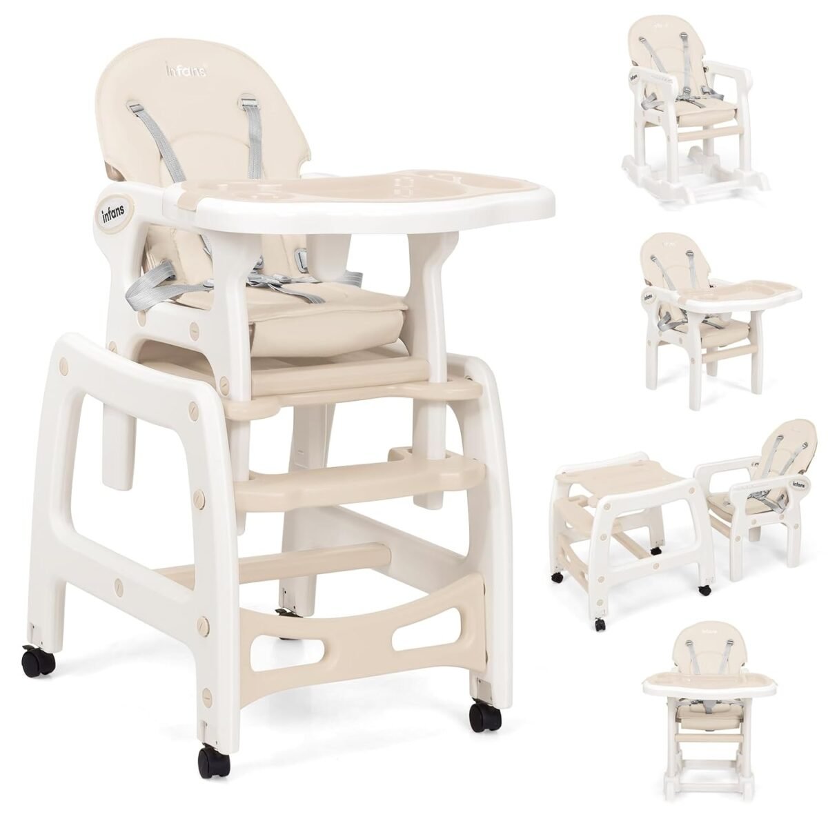 Infans 5 in 1 baby high chair convertible toddler table chair set rocking chair multi function seat with lockable universal wheels adjustable seat back removable trays.jpg