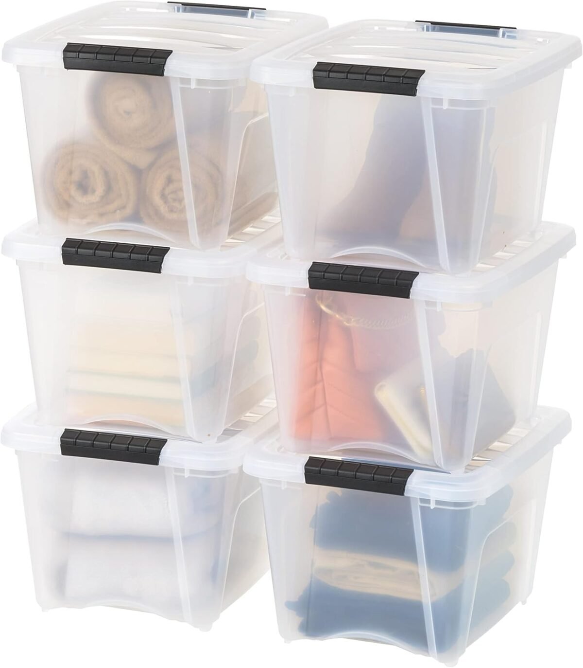 Iris usa 19 qt stackable plastic storage bins with lids 6 pack bpa free made in usa see through organizing solution latches durable nestable containers secure pull handle clear.jpg