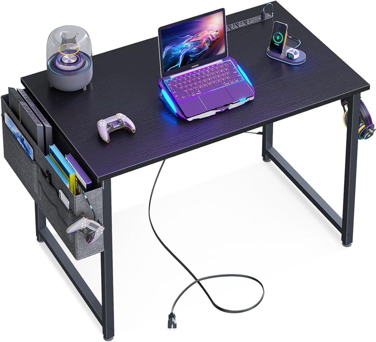 Kkl small desk with power outlets and usb port computer desk for home office gaming simple modern style writing desks with storage bag headphone hook 32 inch black.jpg