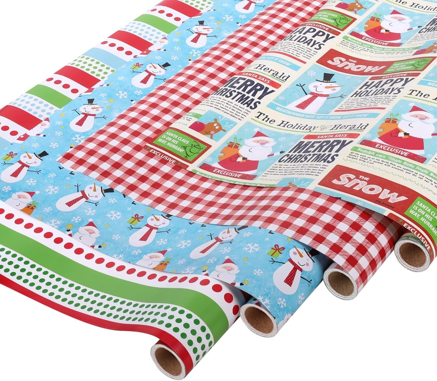 Laribbons christmas wrapping paper set design with snowman red and white plaid including gift tags ribbons and jute twine for xmas holiday 17inch × 10feet 4 rolls 56.68sq.ft .ttl .jpg