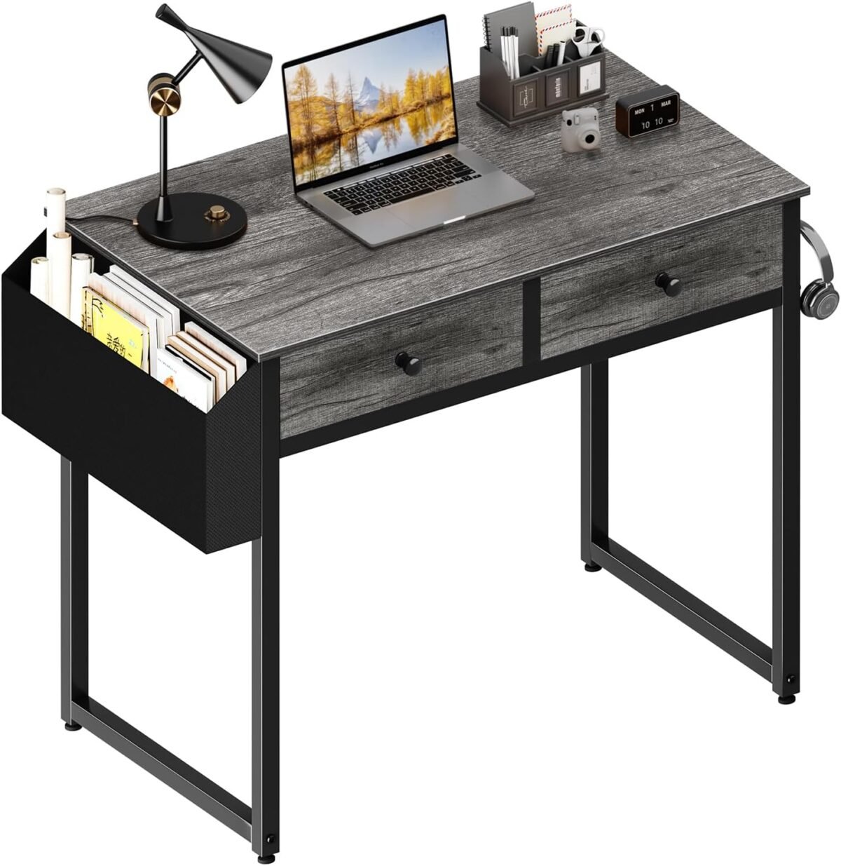 Lufeiya small desk with drawers for bedroom 32 inch home office computer desk with fabric storage drawer and bag study writing table for small spaces gray.jpg