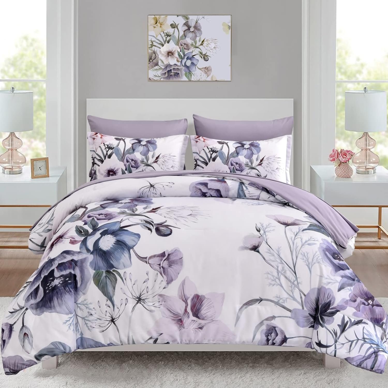 Luxudecor Floral Comforter Set Queen Size 7 Piece, Purple Flower Bed in a Bag, Elegant Floral Comforter with Sheet Set, Soft Microfiber Bedding Set for All Season (Purple, 90"x90") - Image 2
