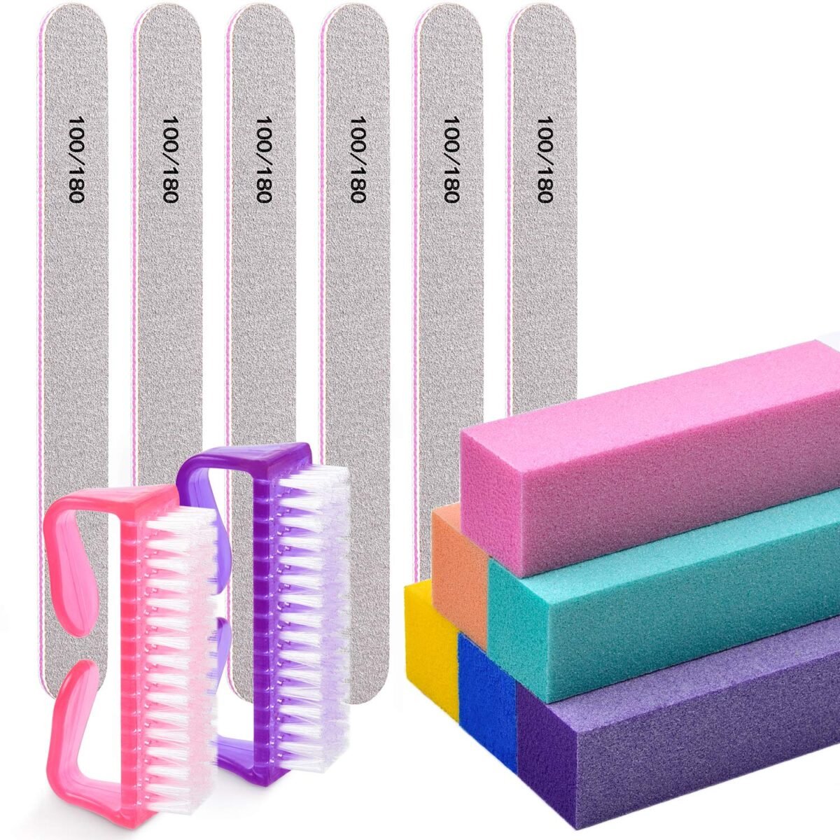 MORGLES Nail Files and Buffers, Natural and Acrylic Nail Care Kit, 6 Pcs 100/180 Grit File, 6 Pcs Rectangular Buffer Blocks and 2 Brushes - Image 2