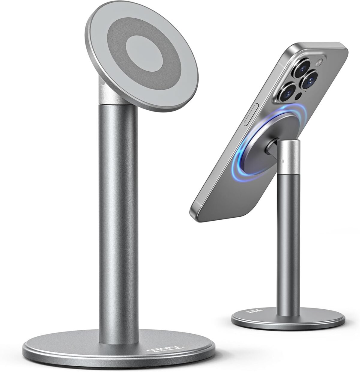 Nulaxy Magnetic Full Aluminum Cell Phone Stand with 2 Metal Rings, 360 Rotating Phone Stand for Desk, Office Accessories Adjustable Phone Holder Compatible with All Phones MagSafe Case, Gray - Image 2