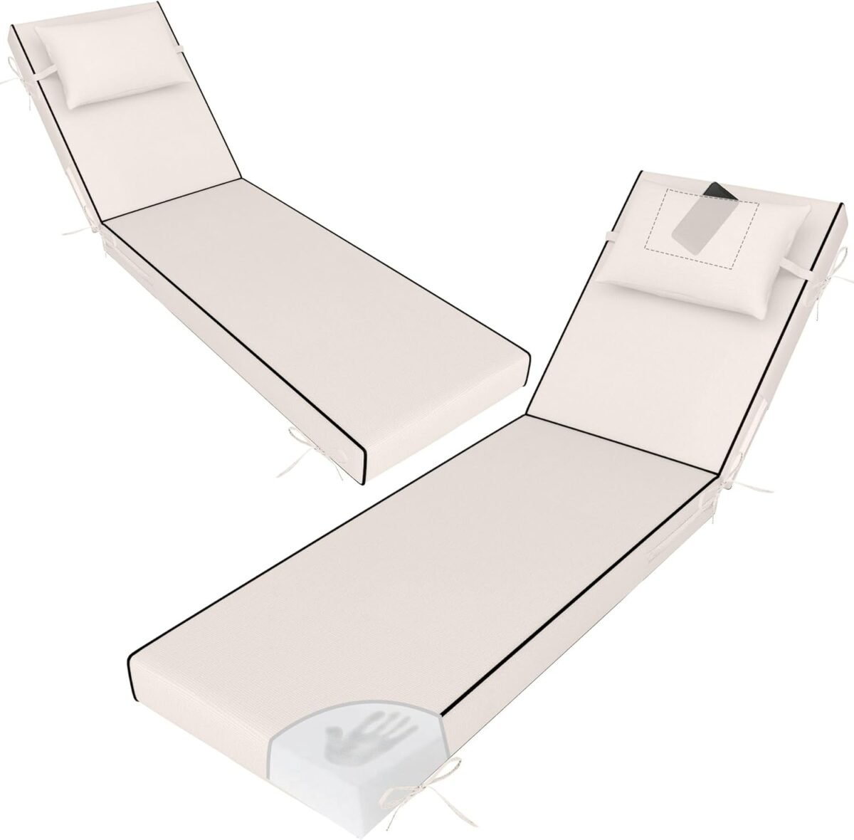 Outdoor Lounge Chair Cushions Set of 2, Pool Chaise Cushion with Pillow,Ties,Removable Cover, Waterproof Fade Resistant Lounge Chair Pads for Patio Deck Furniture, 72" X 21" X 3",Cream - Image 2