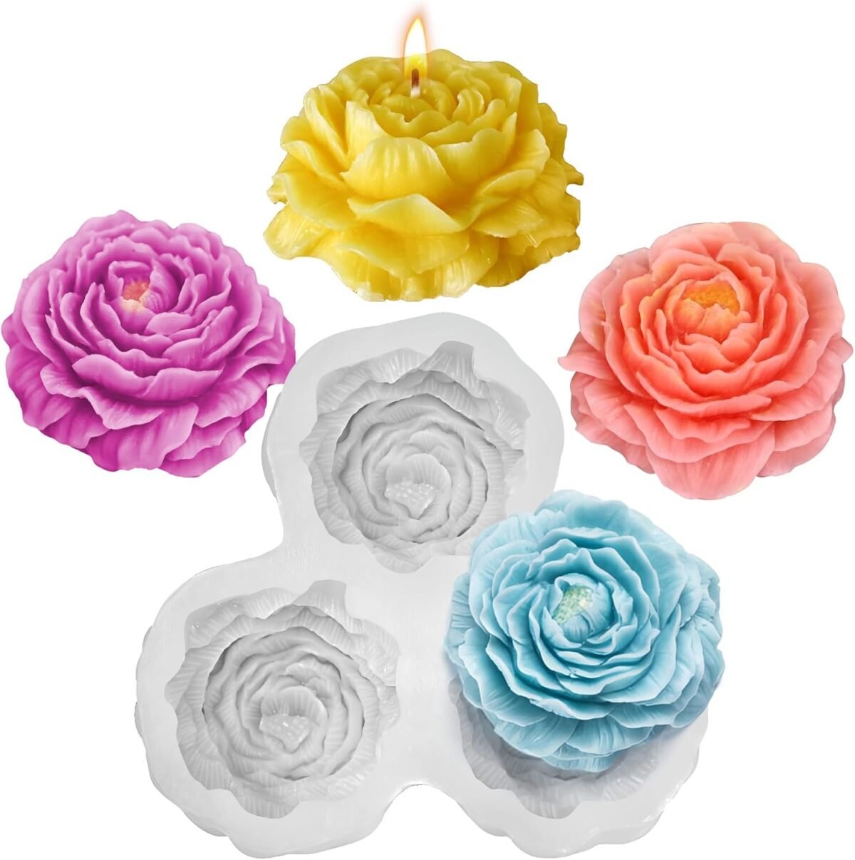 Peony Candle Mold for Candle Making, 3 Cavity Flower Silicone Molds for Epoxy Resin Wax Soap Clay Plaster Tealight Candles Crafts Casting Home Décor Handmade Gifts - Image 2