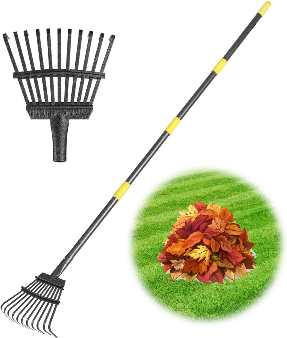 Rake for leaves small leaf rake for garden 70 inch adjustable metal rakes tool with 11 steel tines for gardening yard shrub flower beds lawns.jpg