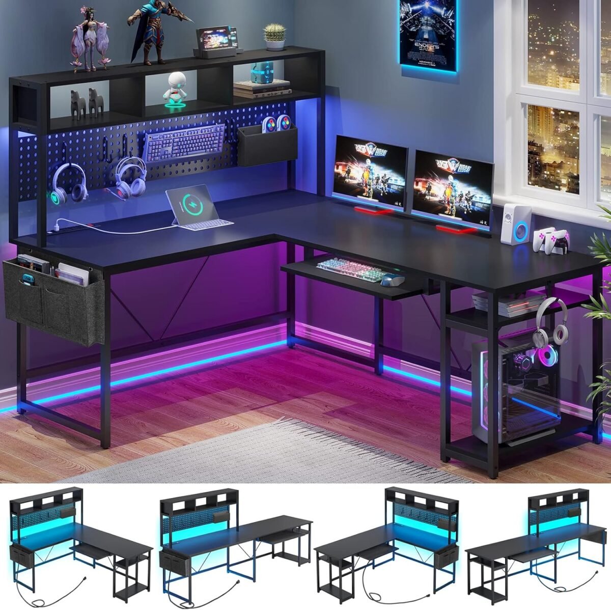 Sedeta l shaped gaming desk reversible computer desk with power outlet and pegboard gaming desk with led lights keyboard tray and storage bag for home office black.jpg