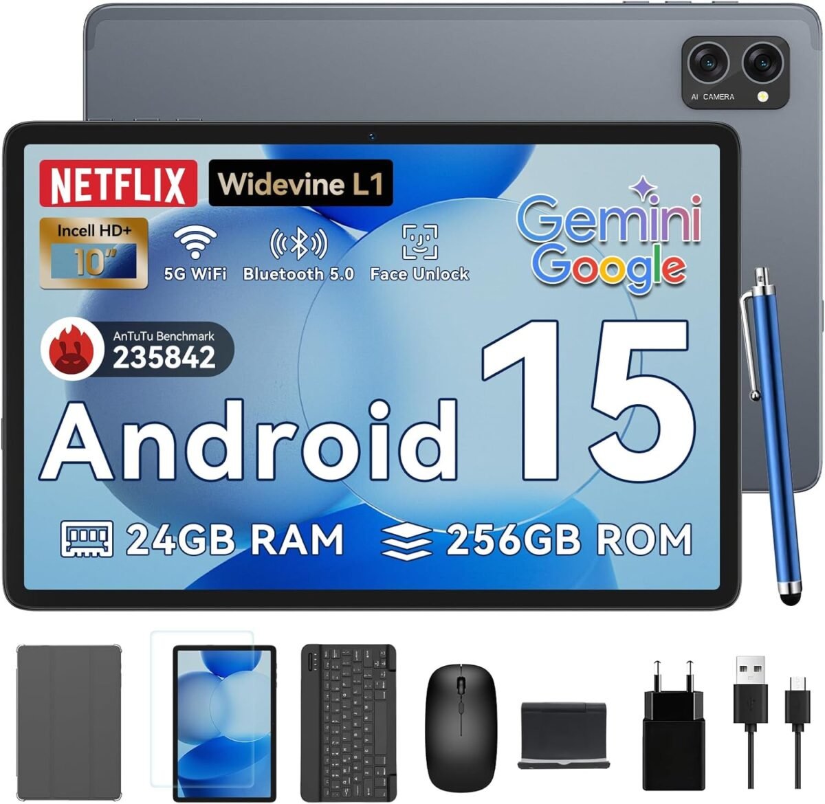 Tablet 2025 Latest Android 15 Tablets with 10.1 Inch Incell Display, 24GB RAM 256GB ROM /2TB TF, Gemini AI, T606 Octa-Core+8MP Camera, 5000mAh, Widevine L1, 2 in 1 Tablets with Keyboard Mouse Stylus - Image 2