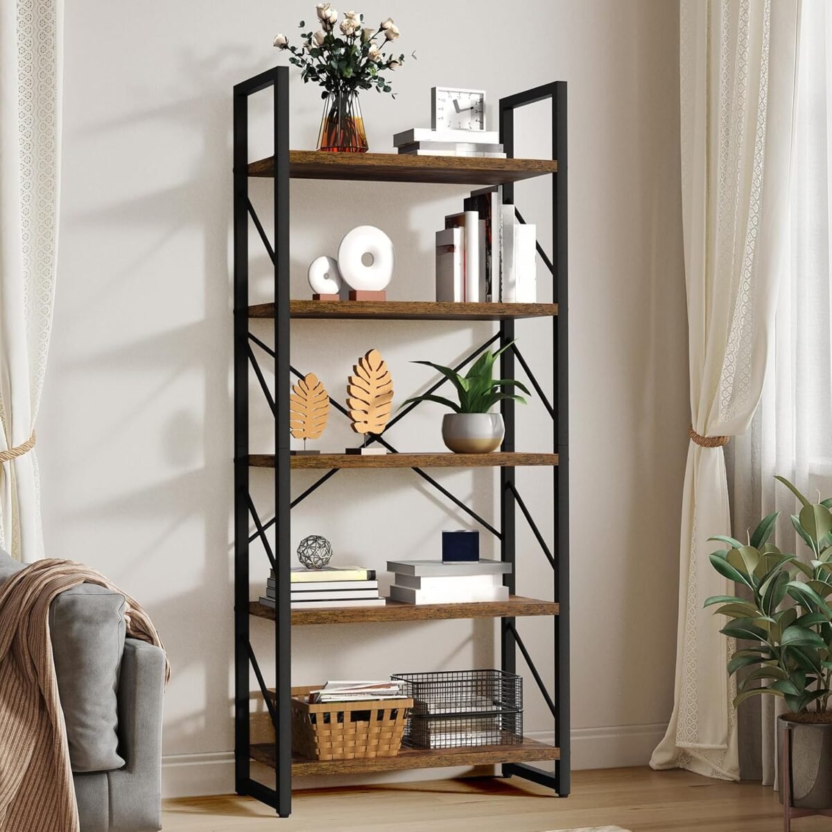 YITAHOME 5 Tiers Bookshelf, Artsy Modern Bookcase, Storage Rack Shelves Books Holder Organizer for Movies in Living Room/Home/Office - Rustic Brown - Image 2