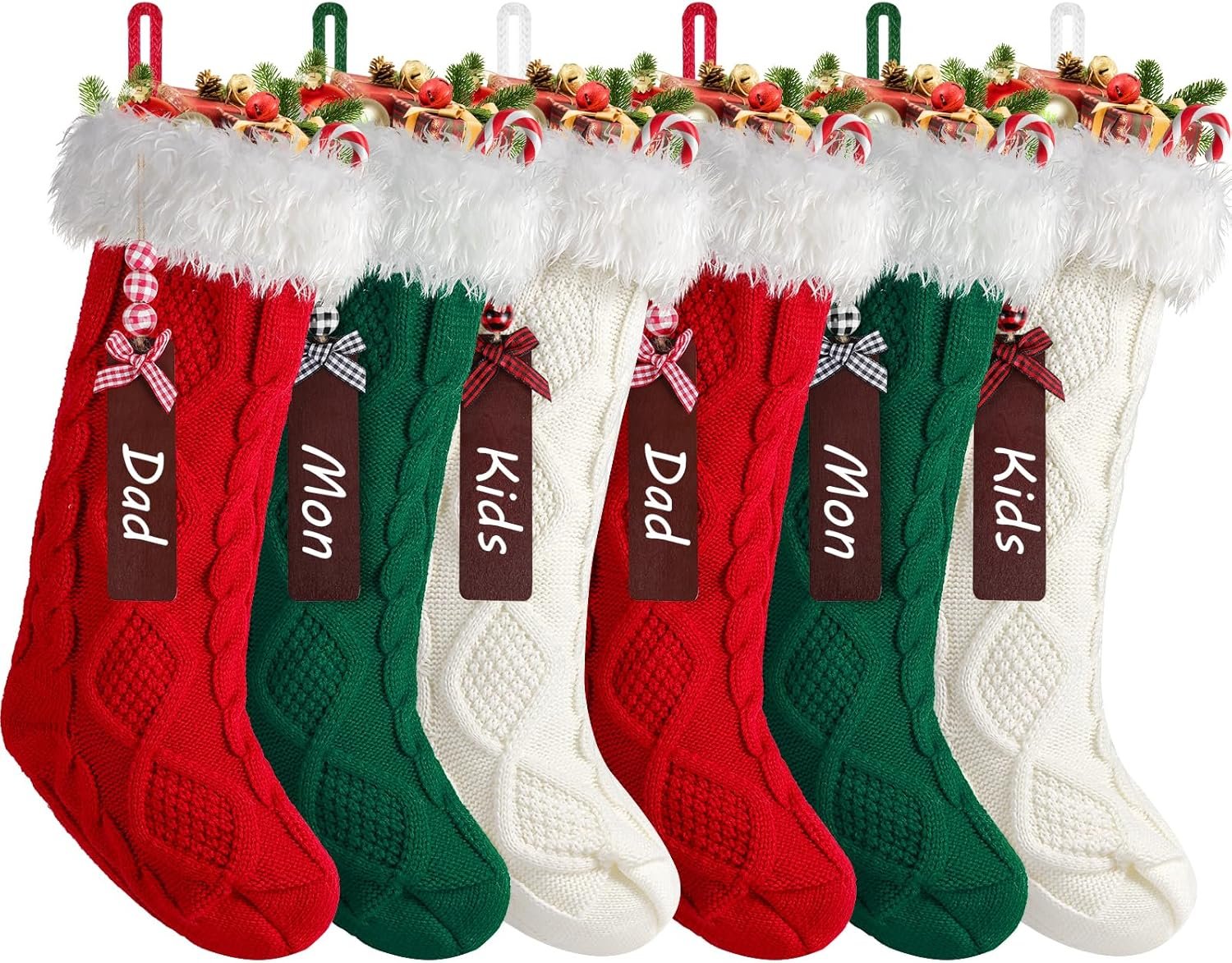 tgosomt 6 Pack Christmas Stockings, 20 Inches Large Knitted Stocking with Personalized Name Tags, Hanging Stockings for Kids, Xmas Stocking Stuffers, Ivory White, Burgundy & Green - Image 2