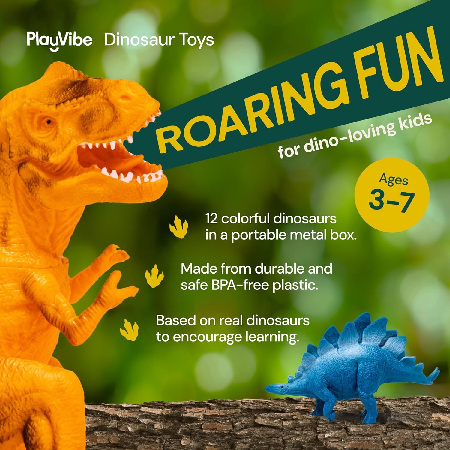 PLAYVIBE Dinosaur Toys - 12 Realistic 7-Inch Models, Multi-Color, Metal Storage Box - Dinosaur Figures & Action Figures for Kids Ages 3-7 - Image 3