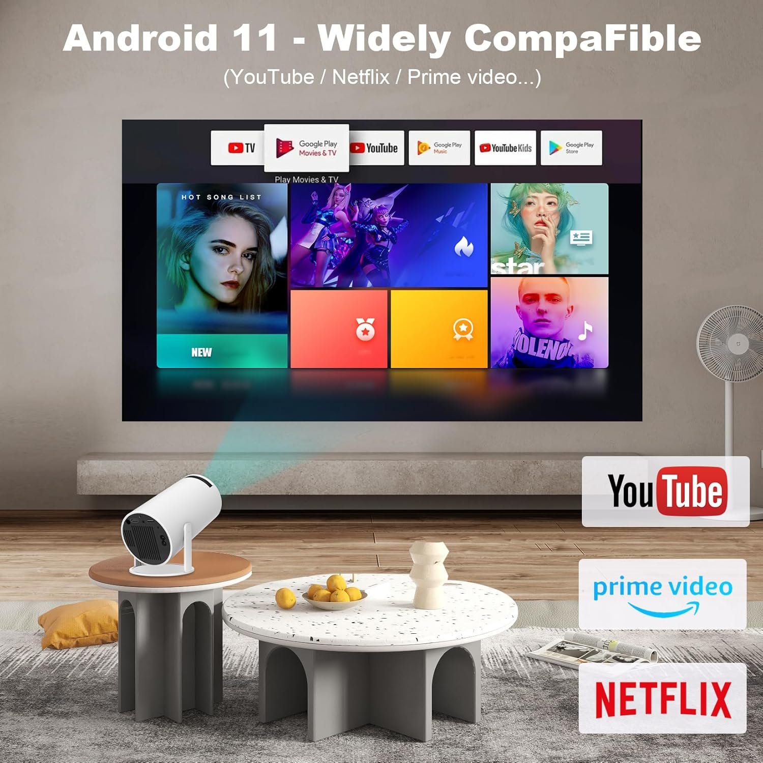 Mini Projector with WIFI and Bluetooth, 4K 1080P Support Portable Projector, Android 11, 200 ANSI, Auto Keystone Correction, 40"-130" Screen Video Projector for Laptop/PC/Smartphone (HY300-01) - Image 3