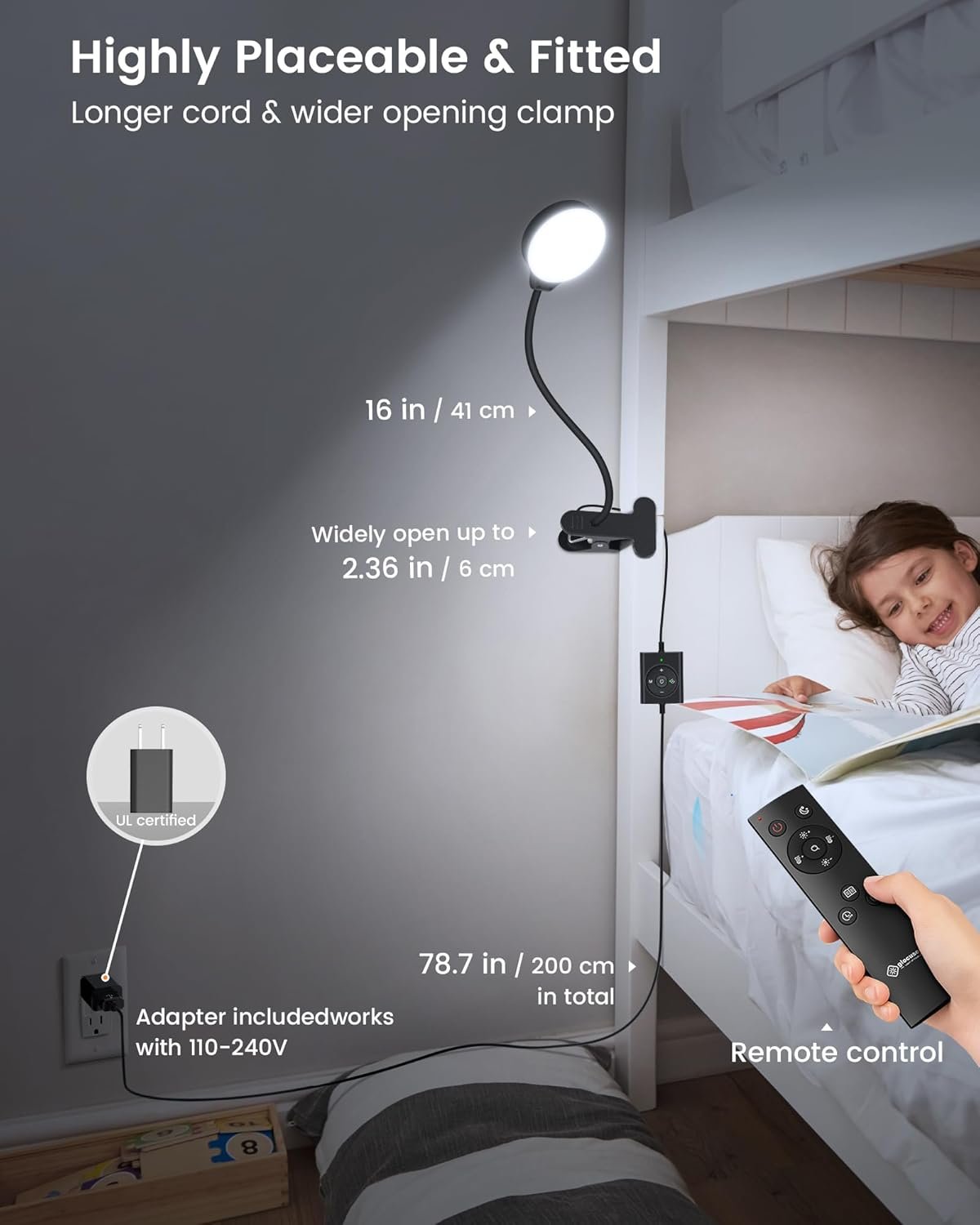 Glocusent 5W 36 LED Reading Clip on Light for Bed, Eye Caring Bed Lamp, 3 Colors & 5 Brightness Levels for Headboard with Adapter, Perfect for Reading, Working & Studying (Black with Remote) - Image 3