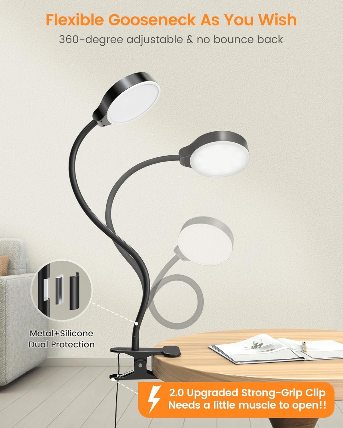 Glocusent 5W 36 LED Reading Clip on Light for Bed, Eye Caring Bed Lamp, 3 Colors & 5 Brightness Levels for Headboard with Adapter, Perfect for Reading, Working & Studying (Black with Remote) - Image 7