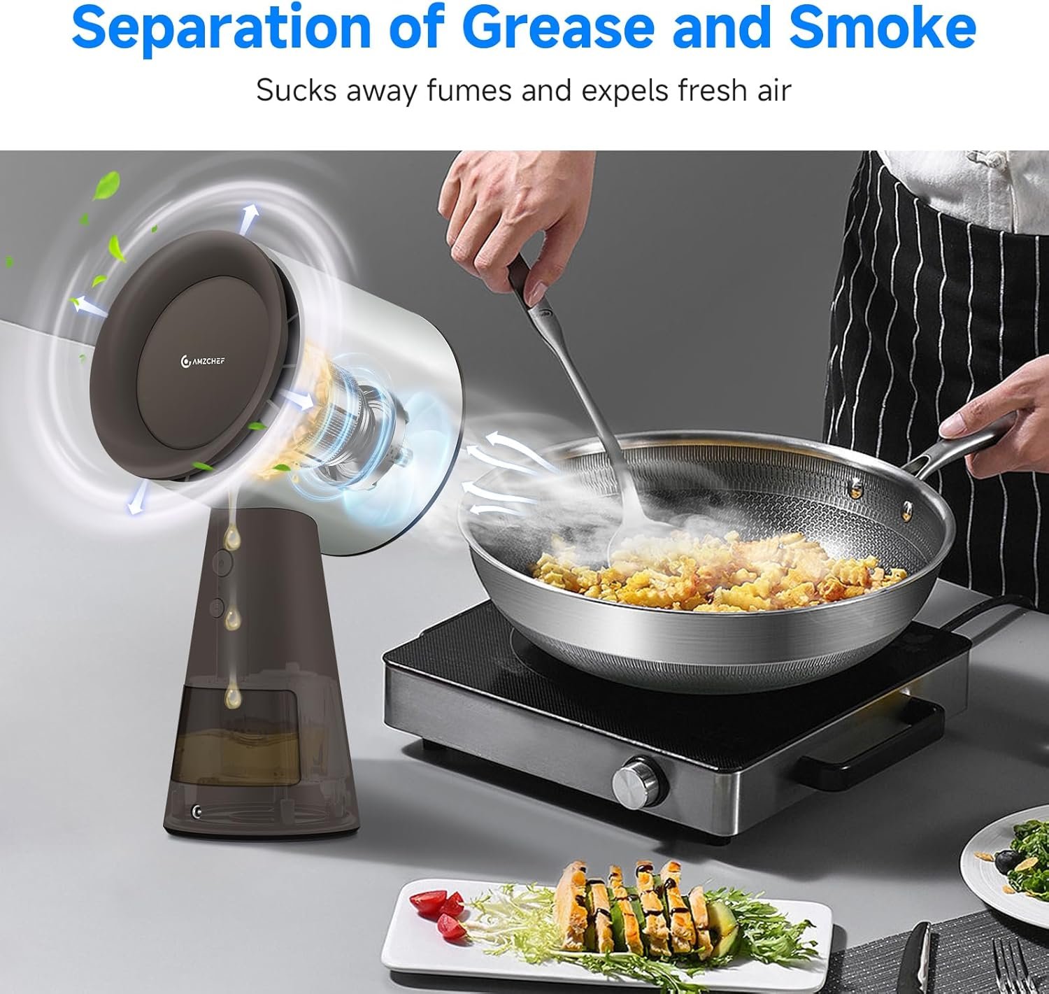 AMZCHEF Portable Range Hood, Desktop Range Hood with 3 Speed Exhaust Fan,Low Noise Large Oil Collection Cup,Detachable Aluminum Filter, Portable Kitchen Exhaust Fan for Indoor BBQ, Hot Pot - Image 6