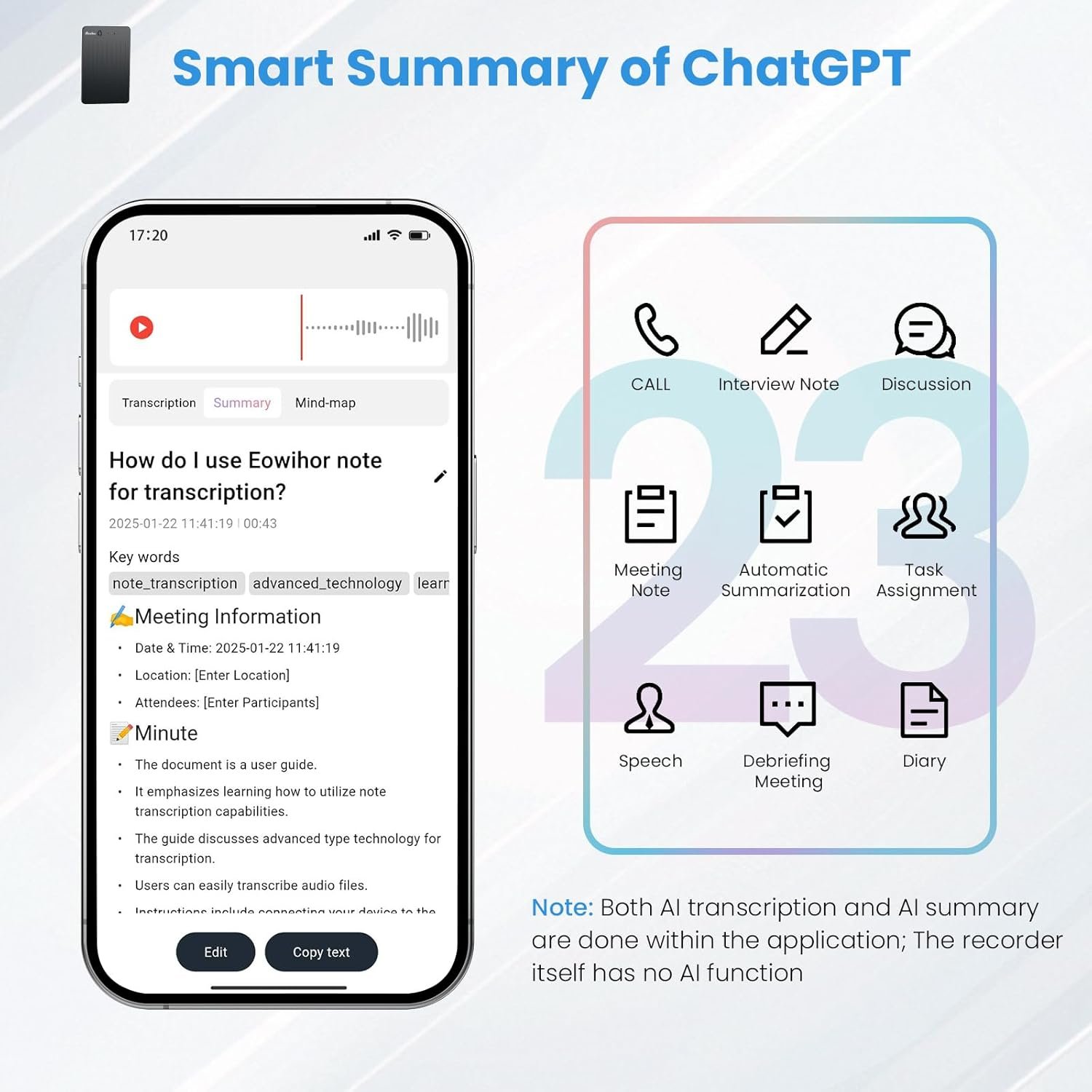 AI Voice Recorder, Transcribe & Summary Voice Recorder with Playback, Digital Voice Recorder Supporting Real-Time Translation in 59 Languages, Audio Recorder for Lectures, Meetings, 64GB Memory - Image 4