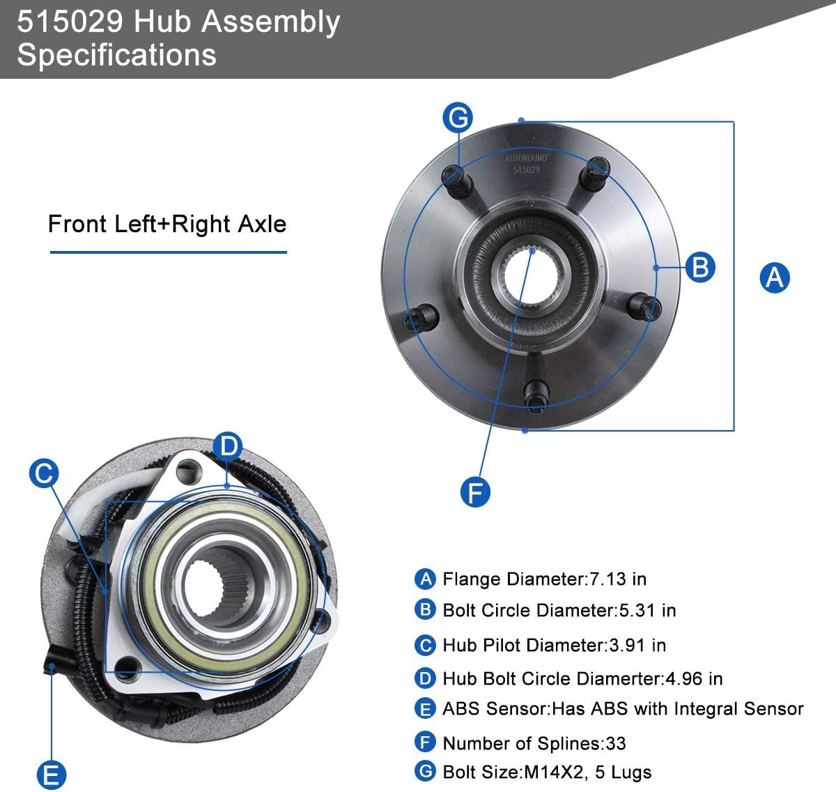 Autoround 515029 Front Wheel Hub and Bearing Assembly Fit for 4x4 4WD Ford F150 2000-2003, F-150 Heritage 2004, 5 Lugs w/ABS - Image 5