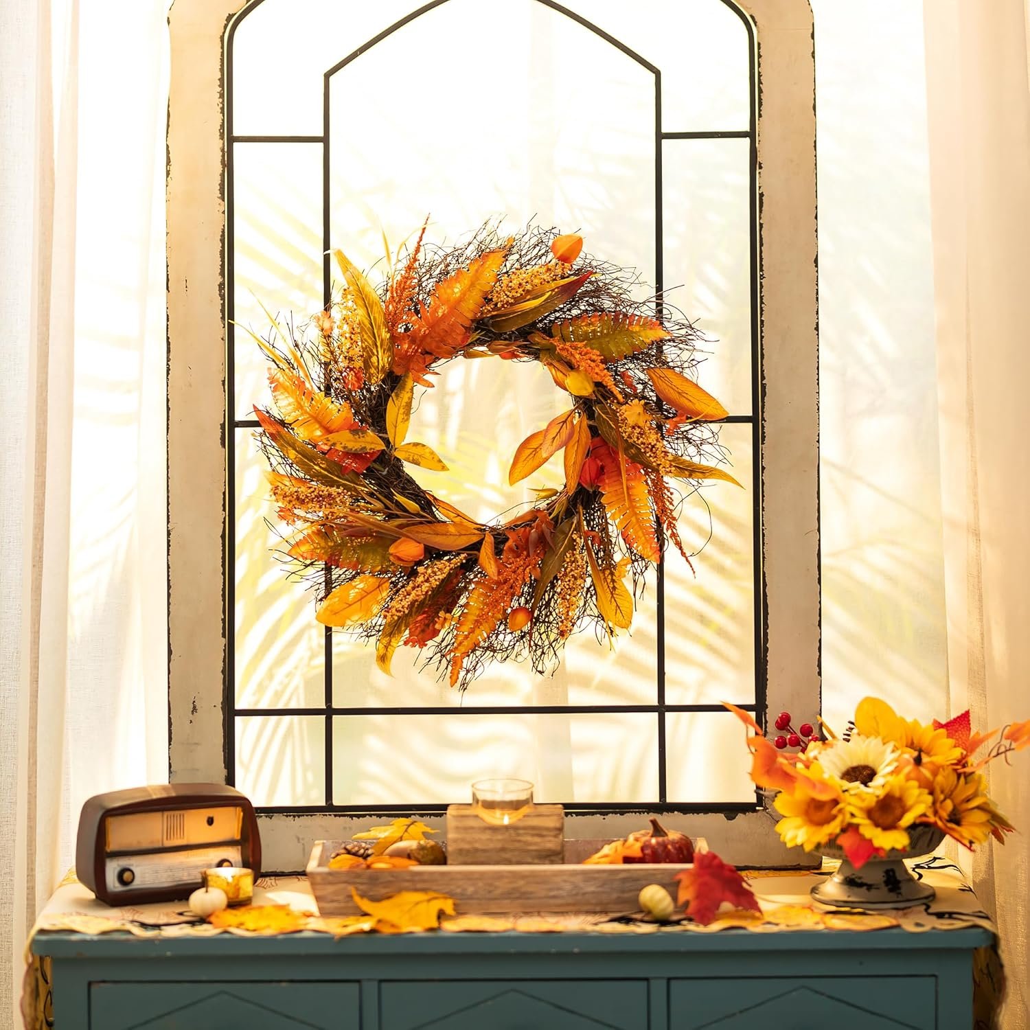 Fall Wreath for Thanksgiving Decorations 24inch - Walasis Large Wheat Wreaths for Front Door - Harvest Grain Gold Autumn Wall Decor for Indoor Outdoor - Image 7
