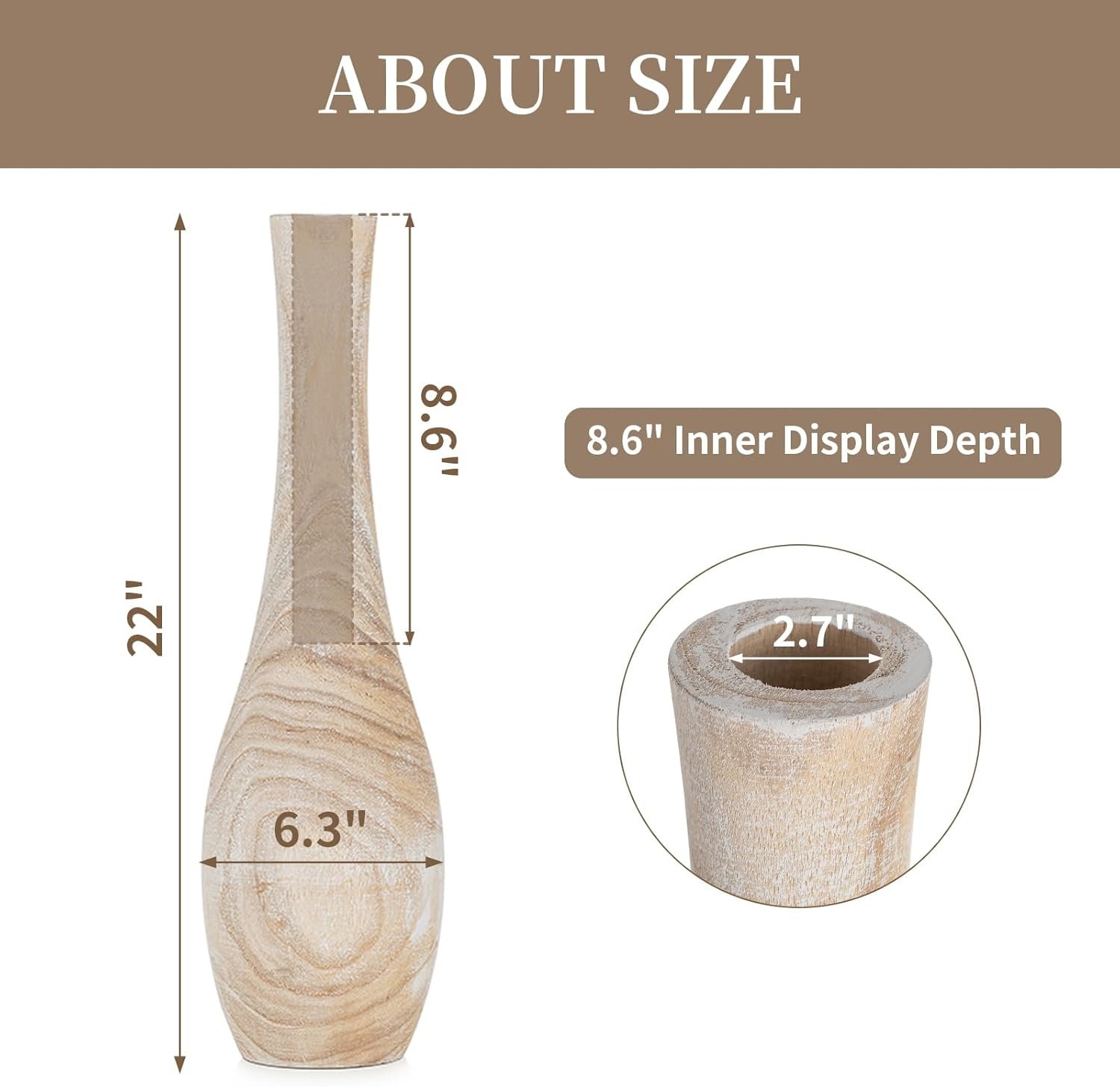 Hanobe Floor Vase Home Decor: 22 inch Tall Decorative Wood Vases for Living Room Large Rustic Farmhouse Boho Vase for Dining Table Centerpieces Bedroom Corner Hallway Indoor Office - Image 3