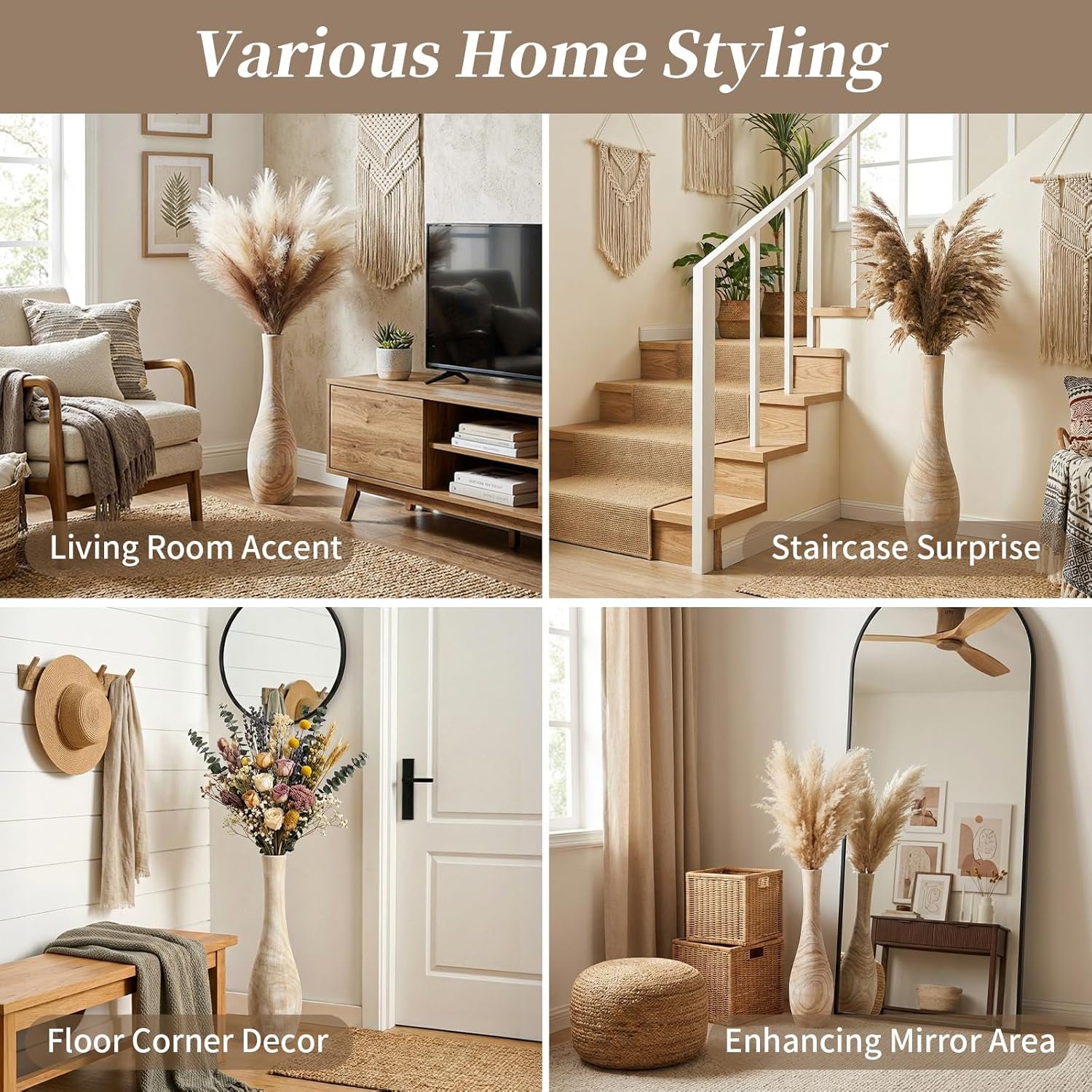 Hanobe Floor Vase Home Decor: 22 inch Tall Decorative Wood Vases for Living Room Large Rustic Farmhouse Boho Vase for Dining Table Centerpieces Bedroom Corner Hallway Indoor Office - Image 4