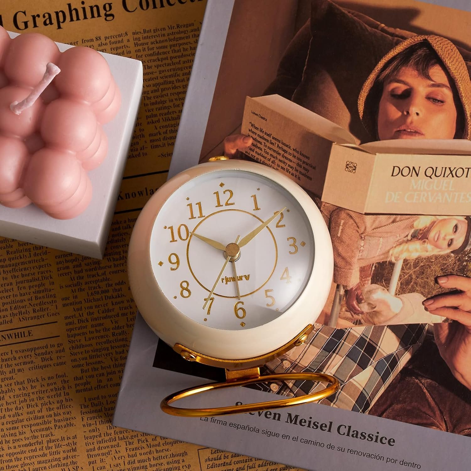 Metal Desk Clock, Retro Bedroom Table Vintage Analog Alarm Clock, Silent Non-Ticking Gold Clock, Bedside Décor(Milk White) - Image 3