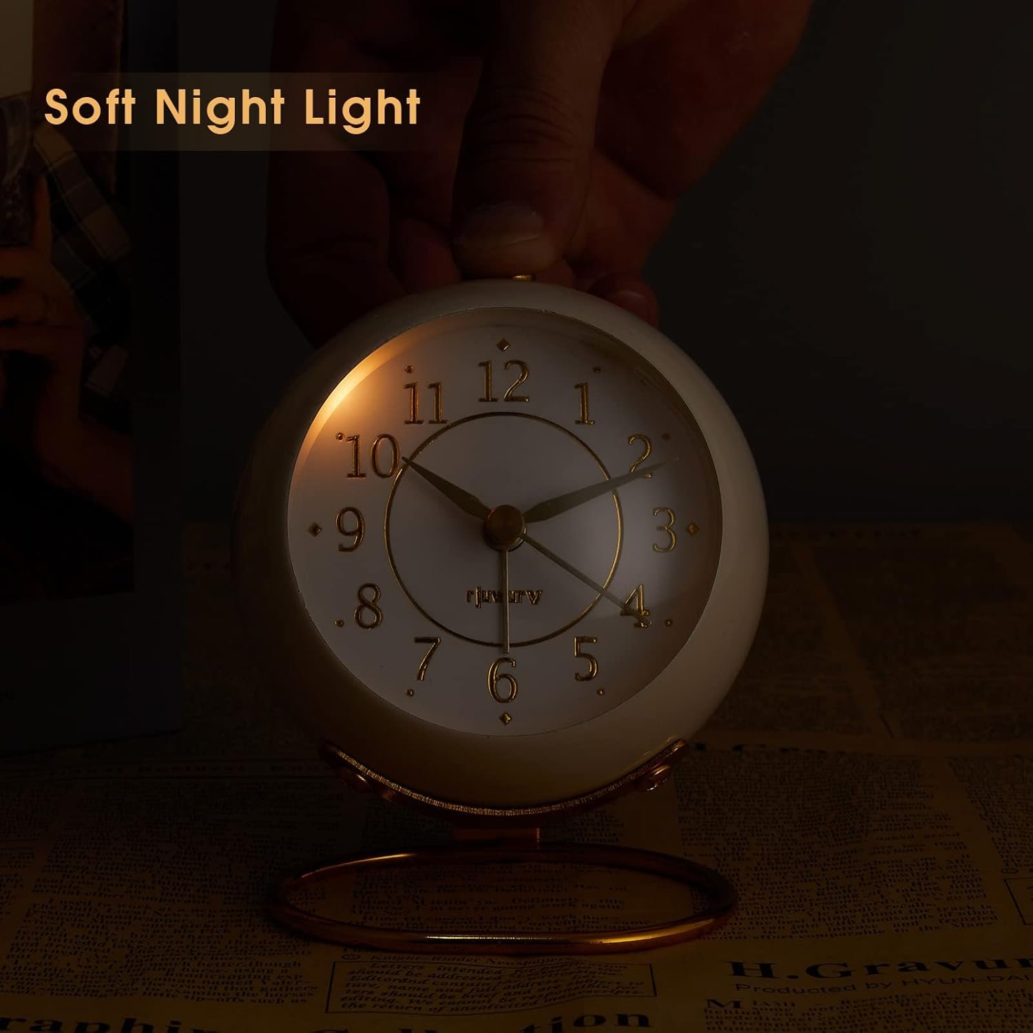 Metal Desk Clock, Retro Bedroom Table Vintage Analog Alarm Clock, Silent Non-Ticking Gold Clock, Bedside Décor(Milk White) - Image 6