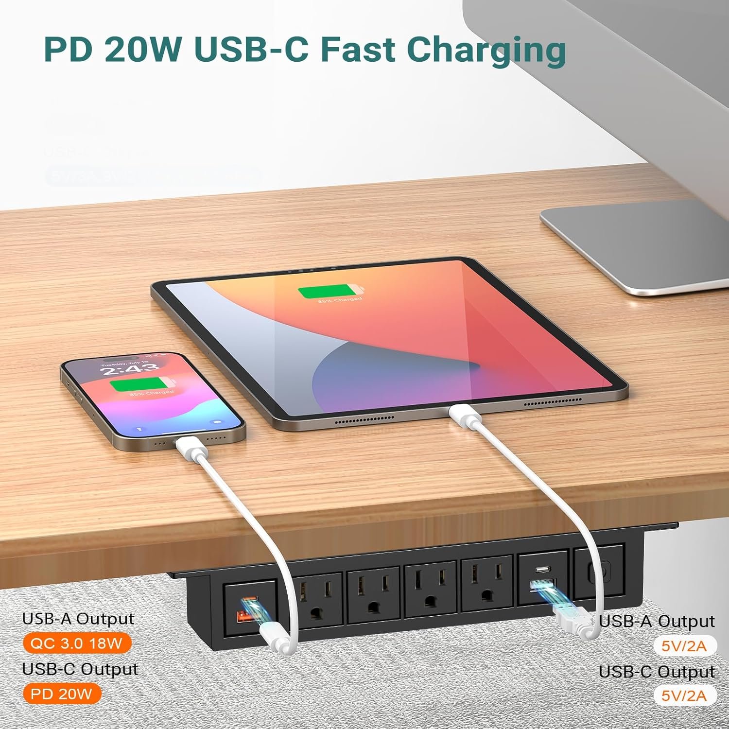 Under Desk Power Strip with 20W USB C, QBA 8-in-1 Desk Outlet Station, 4 AC Outlets, 2 USB-C, 2 USB-A, 10FT Cable, Desk Mount Power Strip for Home Office Conference, ETL Listed(Black) - Image 3