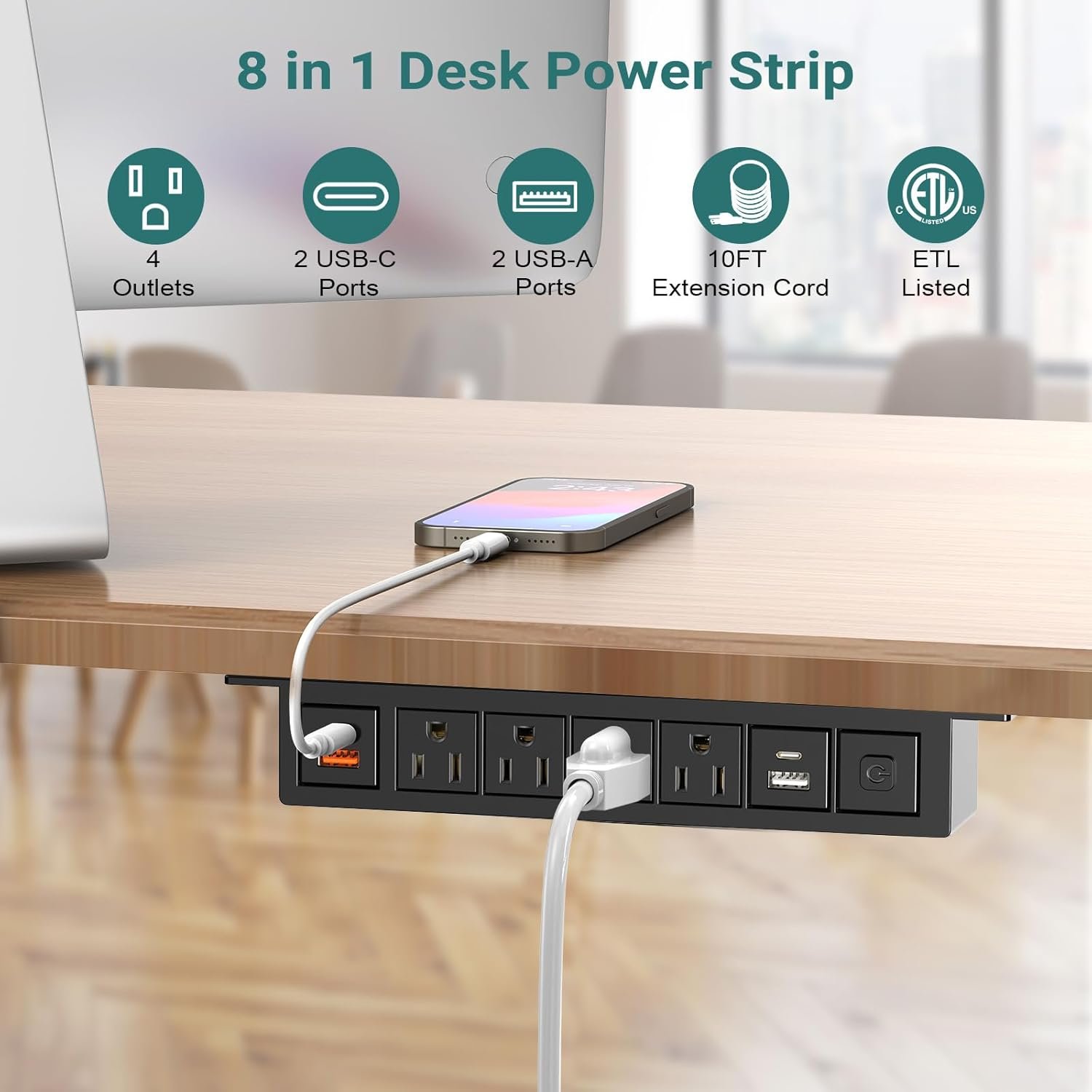Under Desk Power Strip with 20W USB C, QBA 8-in-1 Desk Outlet Station, 4 AC Outlets, 2 USB-C, 2 USB-A, 10FT Cable, Desk Mount Power Strip for Home Office Conference, ETL Listed(Black) - Image 4