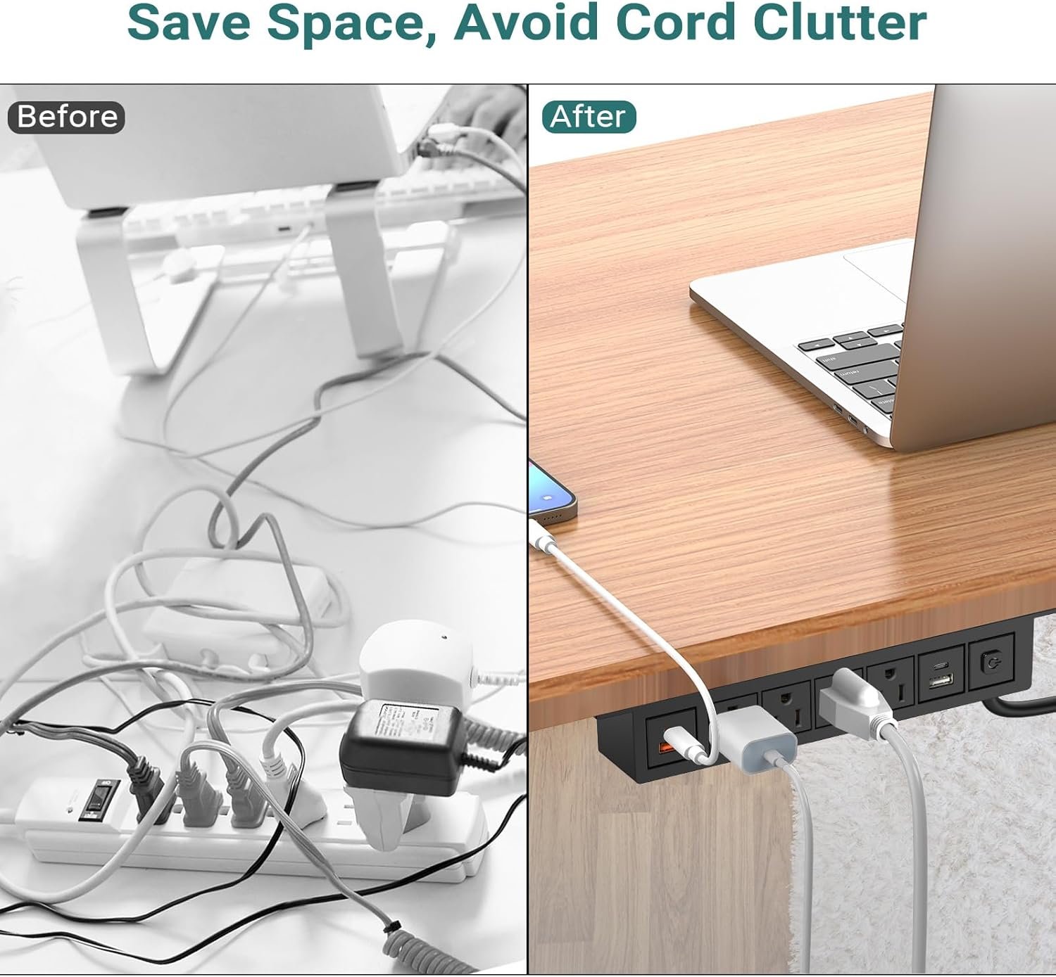 Under Desk Power Strip with 20W USB C, QBA 8-in-1 Desk Outlet Station, 4 AC Outlets, 2 USB-C, 2 USB-A, 10FT Cable, Desk Mount Power Strip for Home Office Conference, ETL Listed(Black) - Image 5