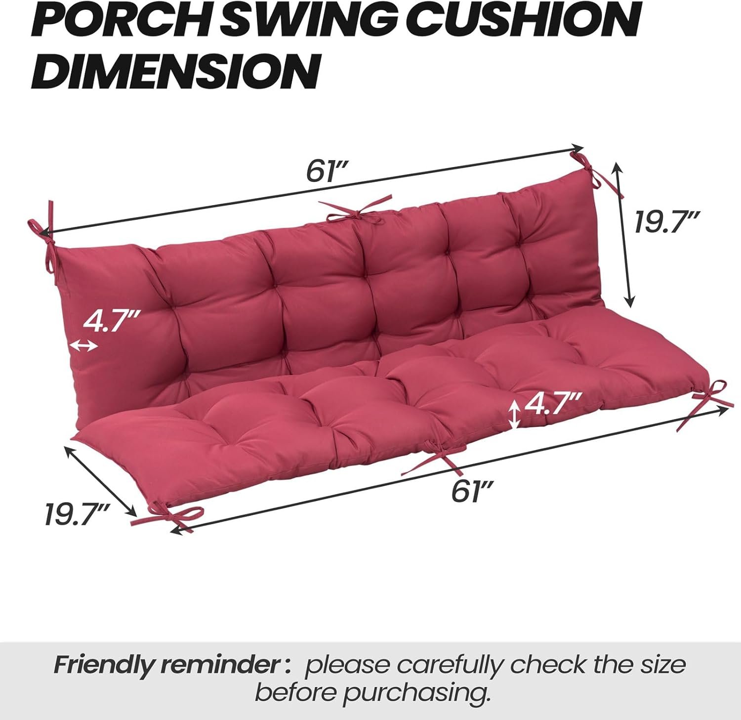 Crestlive Products Outdoor Porch Swing Cushion 60 Inch, Thicker 5" 2-3 Seater Waterproof Outdoor Furniture Cushion Replacement with Fixed Straps for Patio, Lawn, Outdoor, Backyard, Garden - Image 3