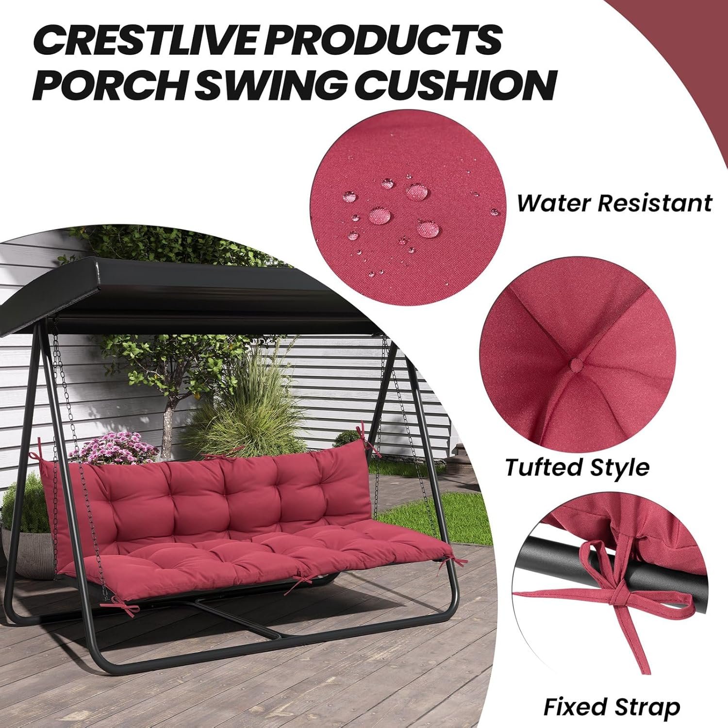 Crestlive Products Outdoor Porch Swing Cushion 60 Inch, Thicker 5" 2-3 Seater Waterproof Outdoor Furniture Cushion Replacement with Fixed Straps for Patio, Lawn, Outdoor, Backyard, Garden - Image 4