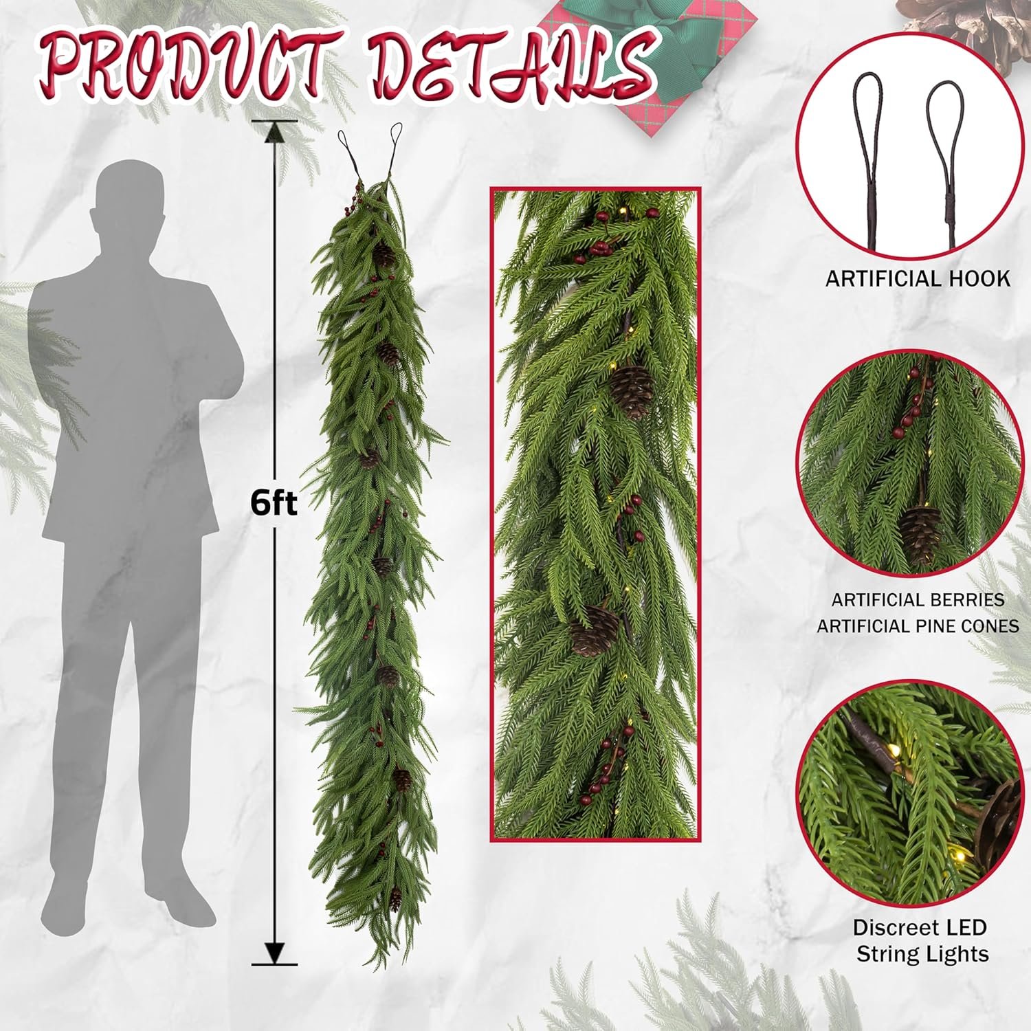 2 Pcs 6 Feet Christmas Garland - Realistic Norfolk Pine Garland - Real Touch Greenery Garland for Table,Mantle,Fireplace,Wall,Indoor Outdoor - Christmas Decorations - Free Battery LED Lights - Image 4