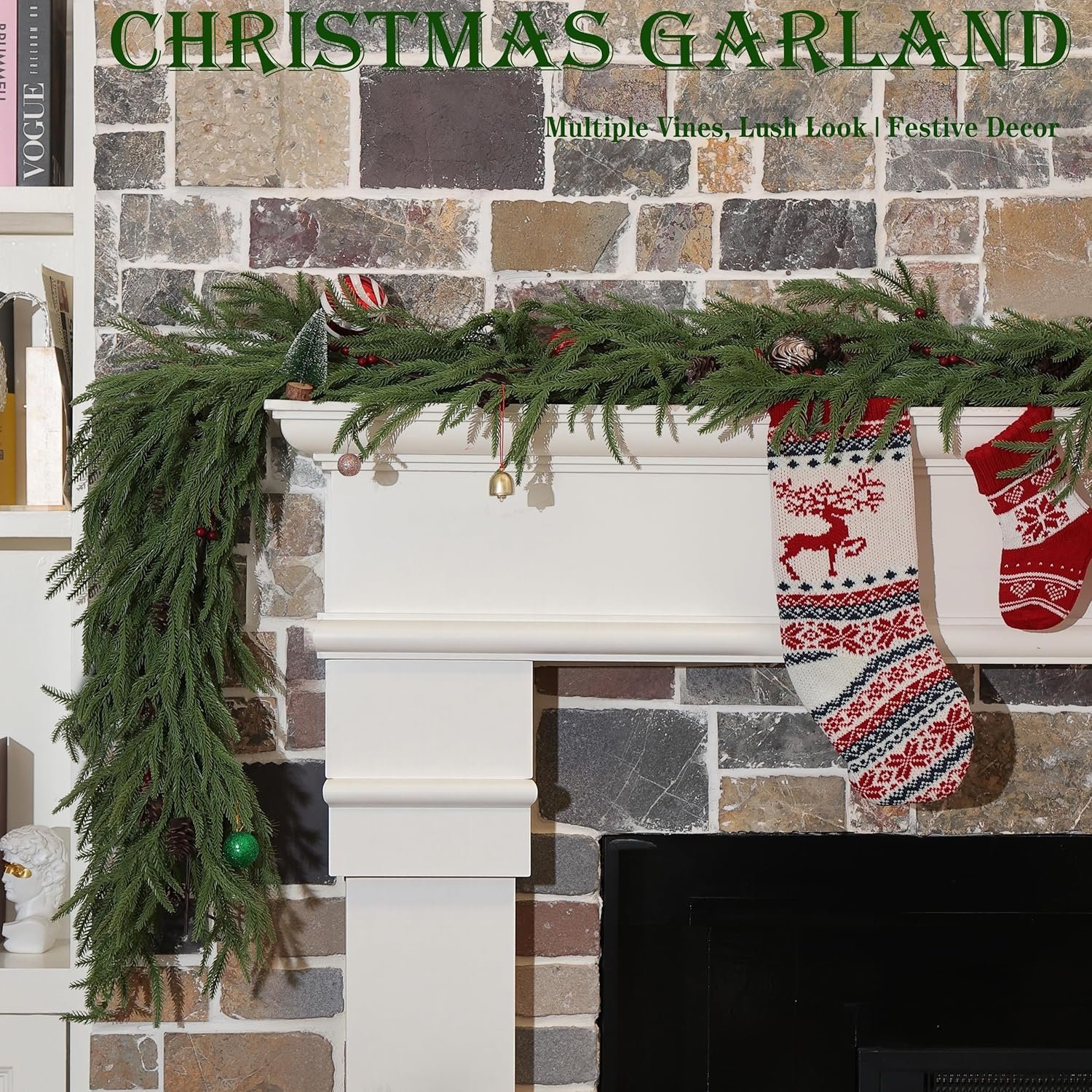 2 Pcs 6 Feet Christmas Garland - Realistic Norfolk Pine Garland - Real Touch Greenery Garland for Table,Mantle,Fireplace,Wall,Indoor Outdoor - Christmas Decorations - Free Battery LED Lights - Image 5